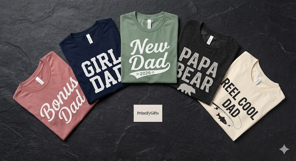 Father's Day T-Shirts: 20 Best Ideas Every Dad Will Love 2026 2 Five folded father's day t-shirts in a flat lay showing Bonus Dad, Girl Dad, New Dad 2026, Papa Bear and Reel Cool Dad designs by PrintifyGifts