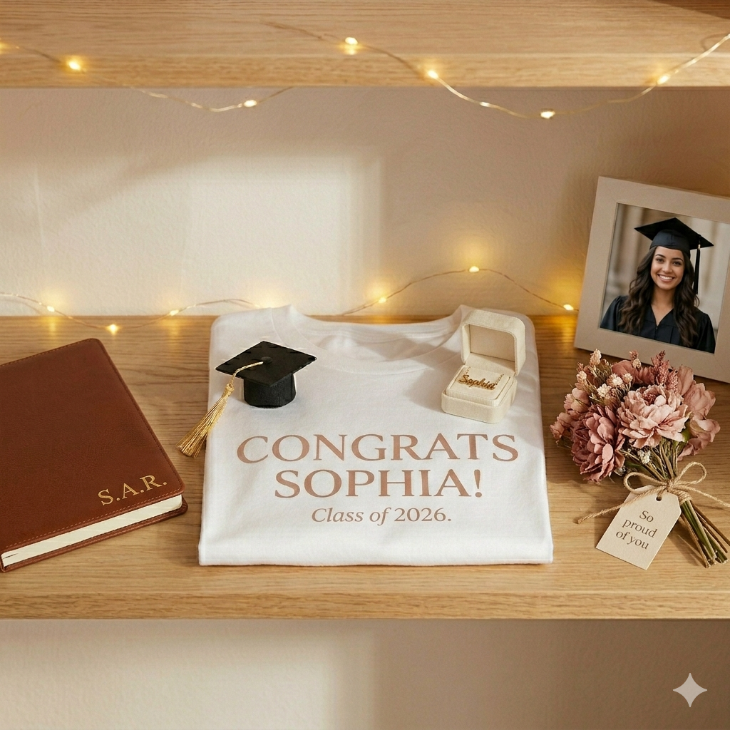 Personalized graduation gifts for her 2026 — custom T-shirt jewelry and keepsakes on a cozy shelf USA