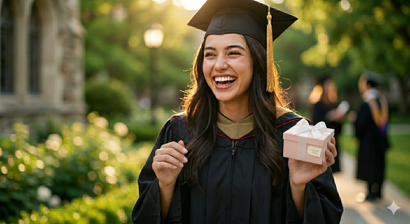 Young woman receiving personalized graduation gifts for her — college graduation 2026 USA