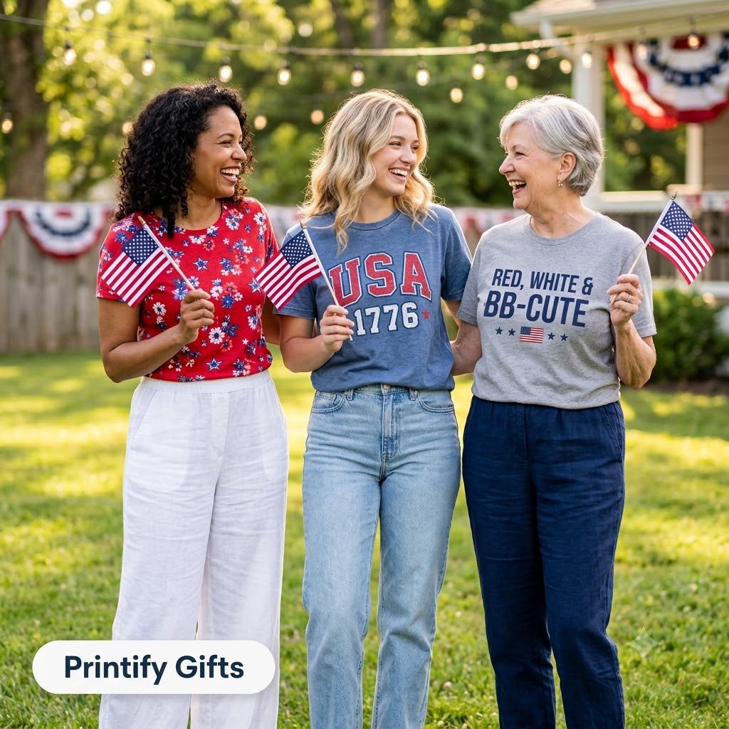 Three women wearing cute 4th of July shirts outdoors from Printify Gifts