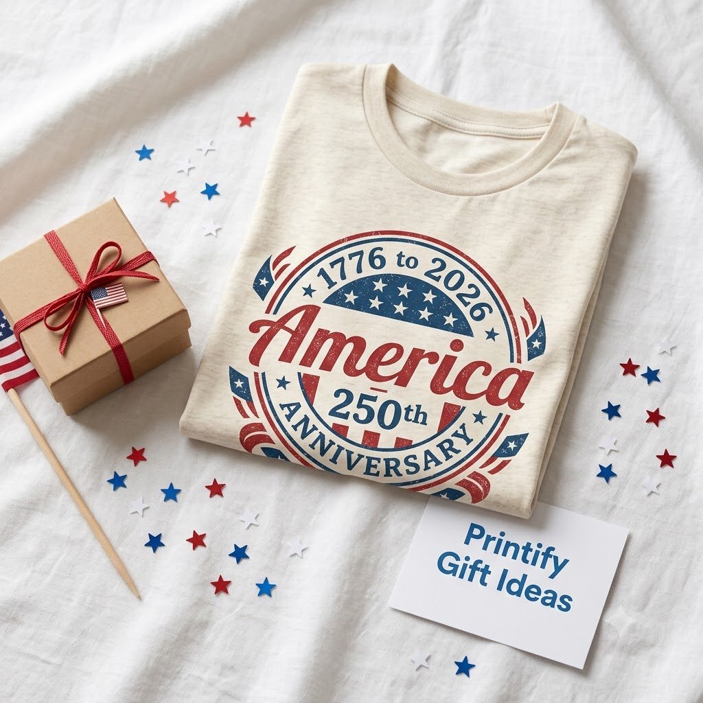 Cute 4th of July shirt with America 250th anniversary 1776 to 2026 design and printify gift ideas card