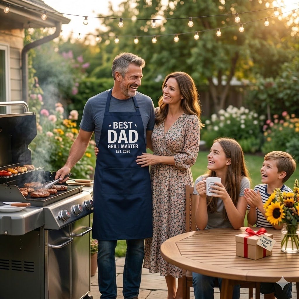 Forgot Father's Day? 17 Last Minute Father's Day Gifts Dad Will Actually Love (2026) 2 Family celebrating Father's Day together in backyard with dad wearing personalized Printify apron grilling — last minute Father's Day gifts