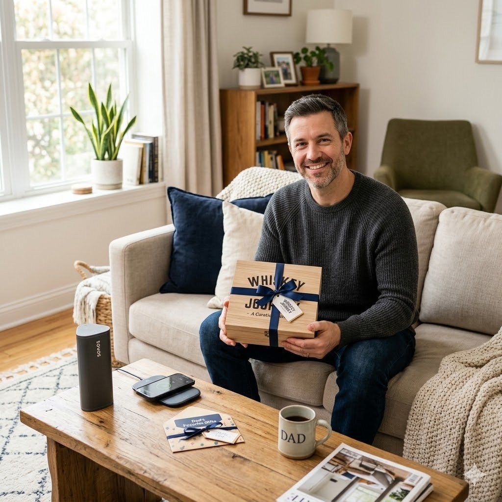 Forgot Father's Day? 17 Last Minute Father's Day Gifts Dad Will Actually Love (2026) 1 Dad smiling while holding Father's Day gift box with Bluetooth speaker and DAD mug on coffee table — last minute Father's Day gifts