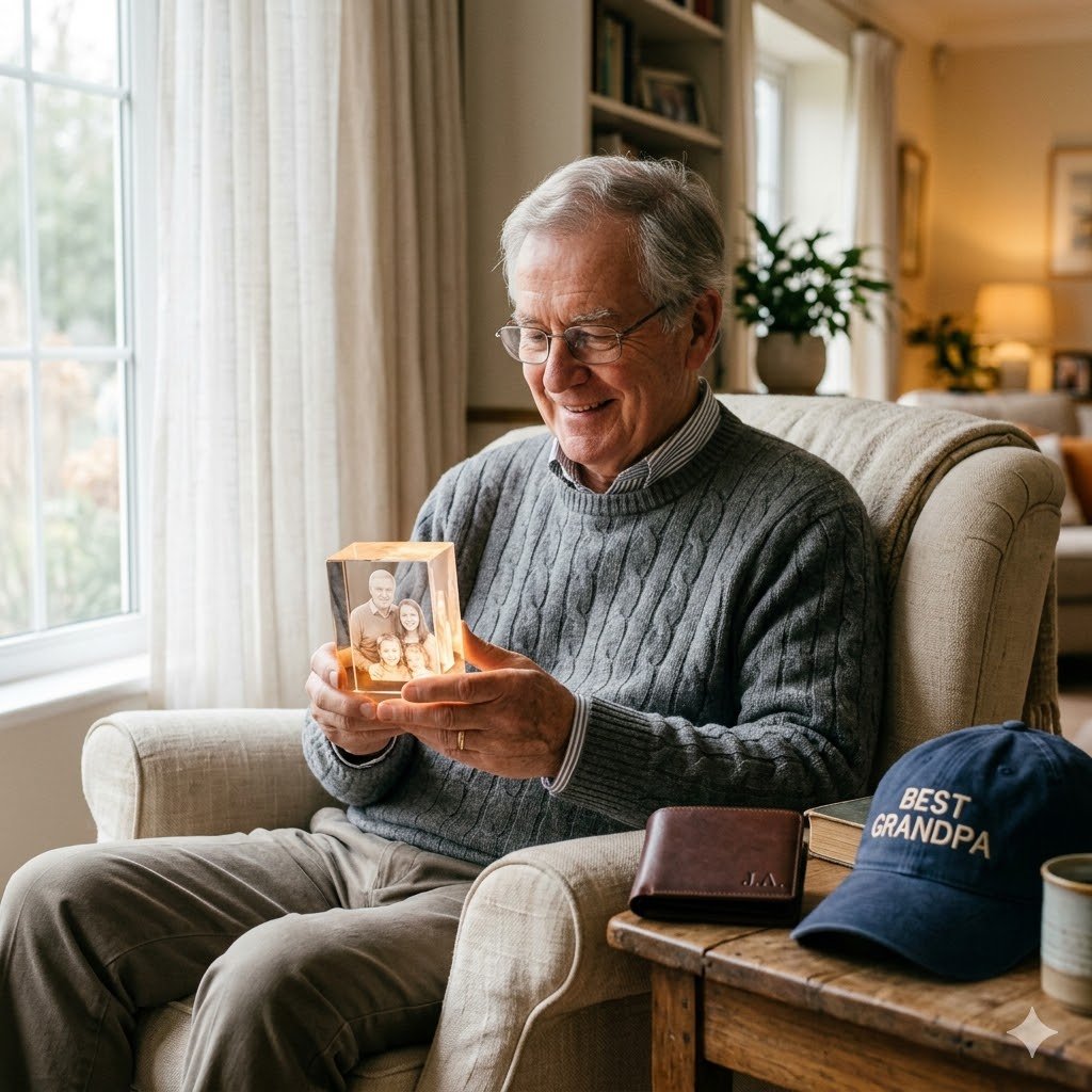 Gifts for Grandpa: 25 Thoughtful and Trending Ideas He Will Love in 2026 1 grandfather holding personalized 3D photo crystal gifts for grandpa sitting in armchair