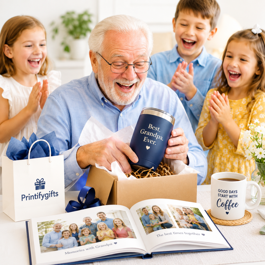 Gifts for Grandpa: 25 Thoughtful and Trending Ideas He Will Love in 2026 2 grandfather opening gifts for grandpa surprise with grandchildren cheering around him Printifygifts