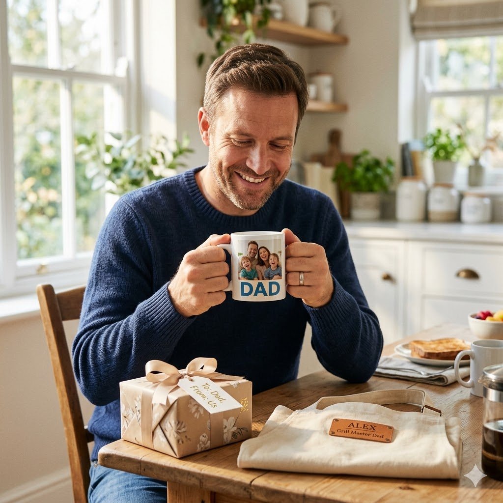 20 Best Printify Personalized Gifts for Every Occasion 2026 1 Happy father holding a Printify Personalized Gift custom photo mug labeled DAD at a kitchen table with a personalized gift box and custom grilling apron labeled "ALEX Grill Master Dad" beside him
