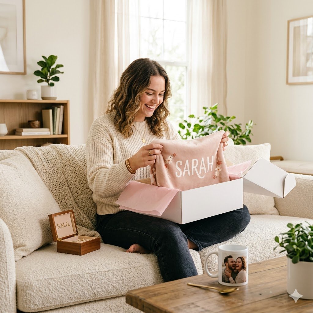 20 Best Printify Personalized Gifts for Every Occasion 2026 2 Woman smiling while unboxing a Printify Personalized Gift blanket with her name printed on it, with a custom photo mug and personalized jewelry box visible beside her