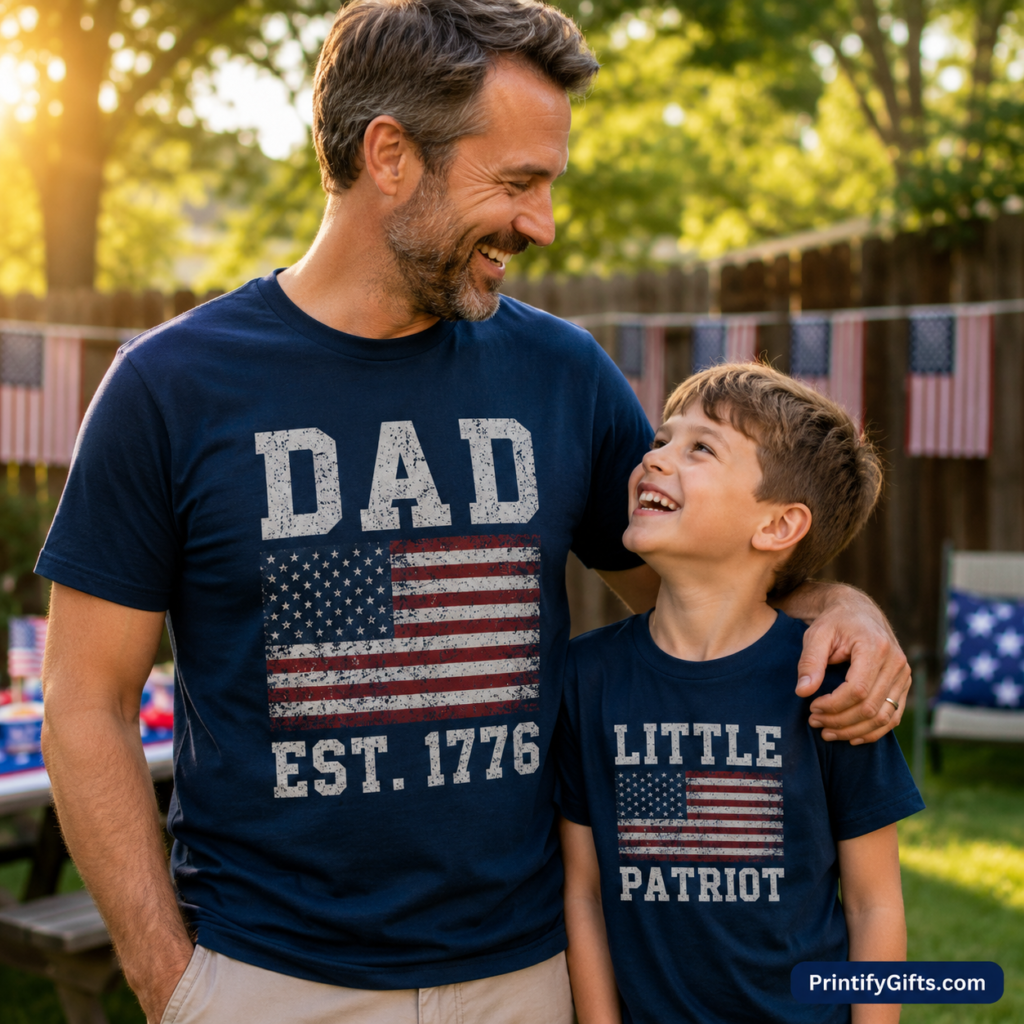 Father and son wearing matching Printify Print on Demand T-Shirts in navy blue with DAD EST 1776 and LITTLE PATRIOT designs laughing together in a sunny patriotic backyard on 4th of July.