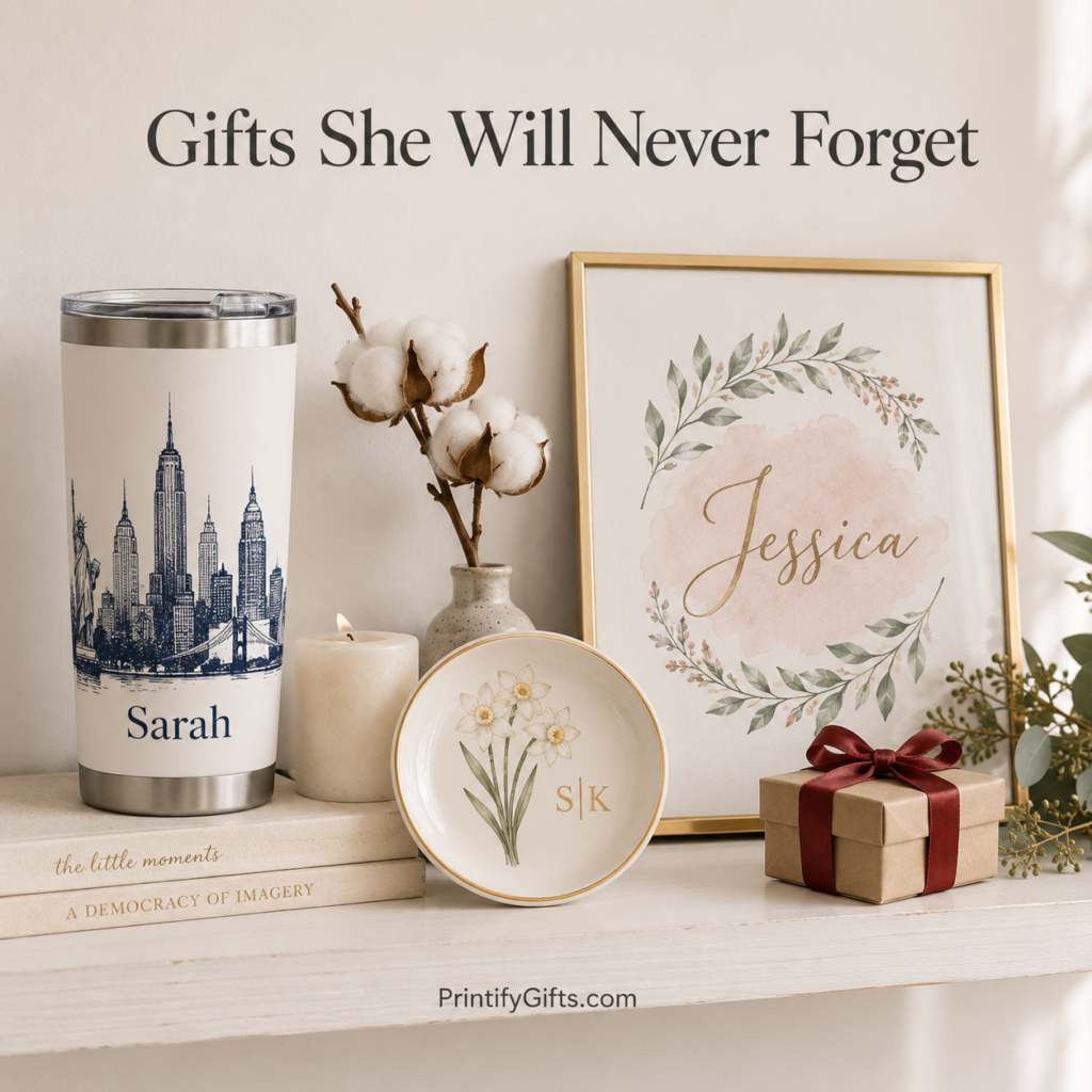 10 Unique Christmas Gift Ideas for Women Under $50 That Feel Like a Million Dollars 2026 2 A styled shelf display showcasing three standout Unique Christmas Gift Ideas for Women from Printify Gifts — a personalized city skyline tumbler, a birth month flower jewelry dish, and a custom watercolor name print — all beautifully presented and priced under $50.