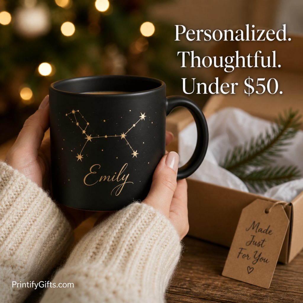 10 Unique Christmas Gift Ideas for Women Under $50 That Feel Like a Million Dollars 2026 1 A cozy lifestyle shot of a personalized zodiac constellation mug, one of the most thoughtful Unique Christmas Gift Ideas for Women available through Printify Gifts for under $35 in 2026.