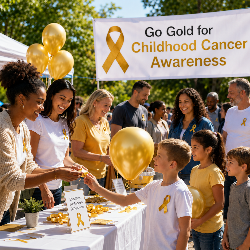 What Does the Childhood Cancer Awareness Gold Ribbon Mean? 2 Community members wearing Childhood Cancer Awareness Gold Ribbon during a Go Gold awareness event