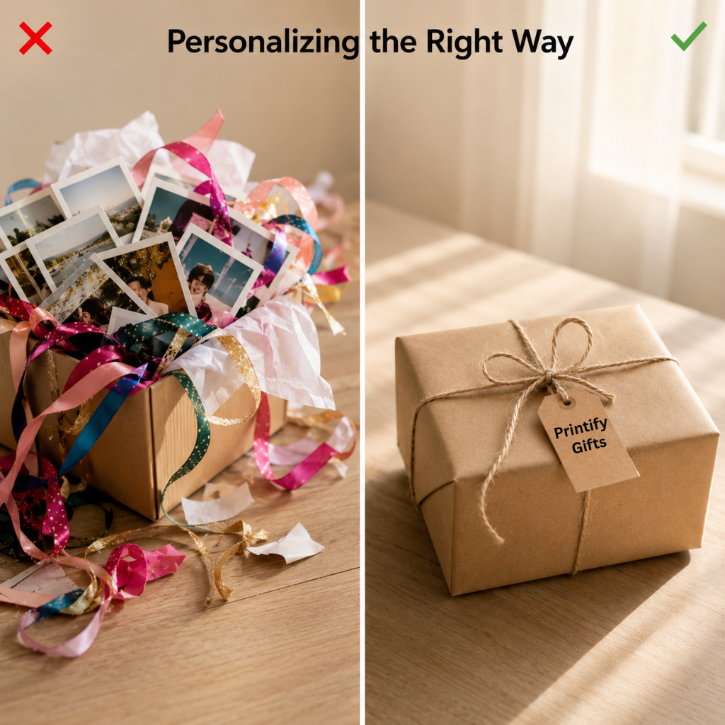 What Are the Best Personalized Gift Ideas for Every Occasion? 3 Personalized gift ideas by Printify Gifts comparing an overcrowded gift box with photos and ribbons to a simple, elegantly wrapped personalized gift package for thoughtful gift presentation.